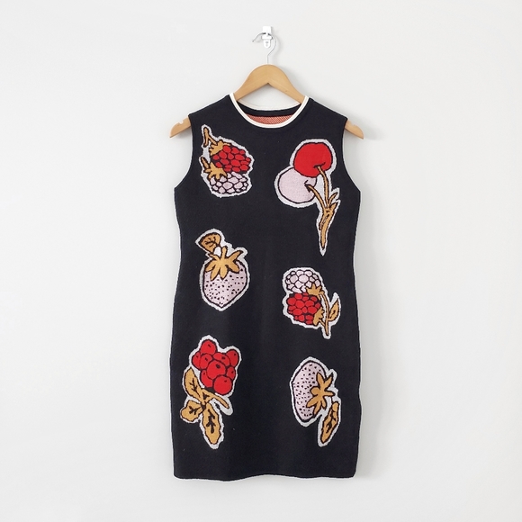 Black Fruits Print Wool Sleeveless Mini Shift Dress - Picture 1 of 8